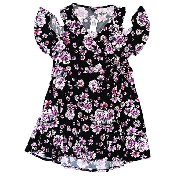 Torrid Black & Pink Floral Faux Wrap Cold Shoulder Stretch Dress 3X - Picture 1 of 8